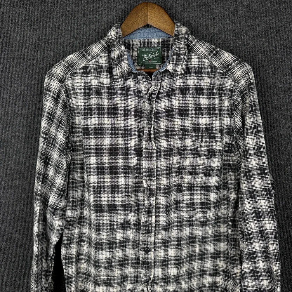 Woolrich Flannel Shirt Plaid Lightweight Cotton Button Up Black White Men Large